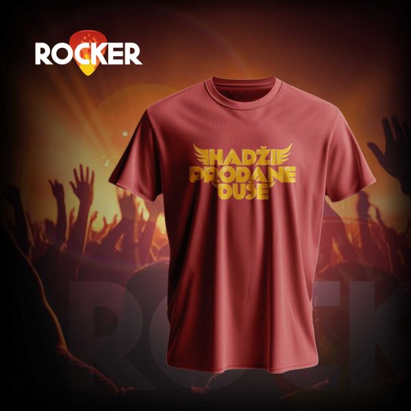 Hadži Prodane Duše bordo majica, narandžasti print, garage rock merch, 100% pamuk, limited edition garderoba | Rocker.rs merch