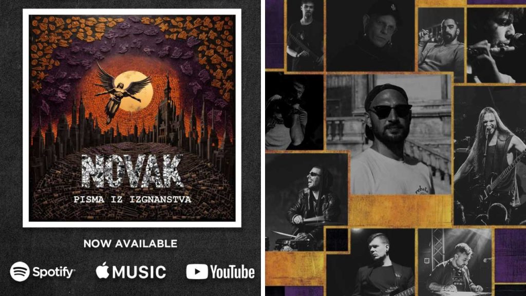 Profilna slika muzičkog projekta NOVAK, sa kolažom članova i live fotografijama uz mračnu i umetničku atmosferu