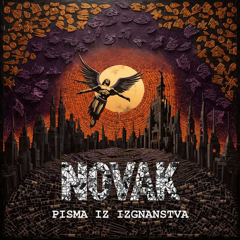 Omot albuma „Pisma iz izgnanstva“ muzičkog projekta NOVAK, sa Ikarusom u letu iznad distopijskog grada pod narančastim nebom